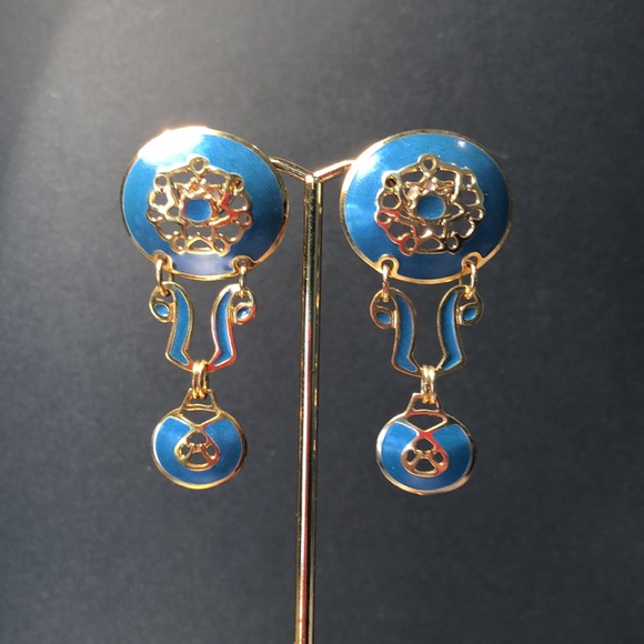 Berébi cerulean enameled pierced dangle earrings. EUC - 3” x 1” Unique Stamped - Picture 10 of 11